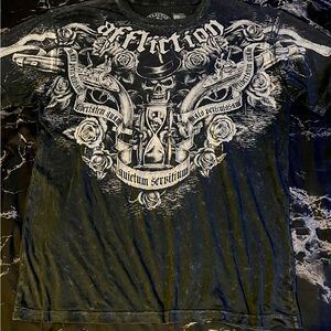 Affliction Skull, Top Hat, Roses Black and White Motorcycle Graphic Tee